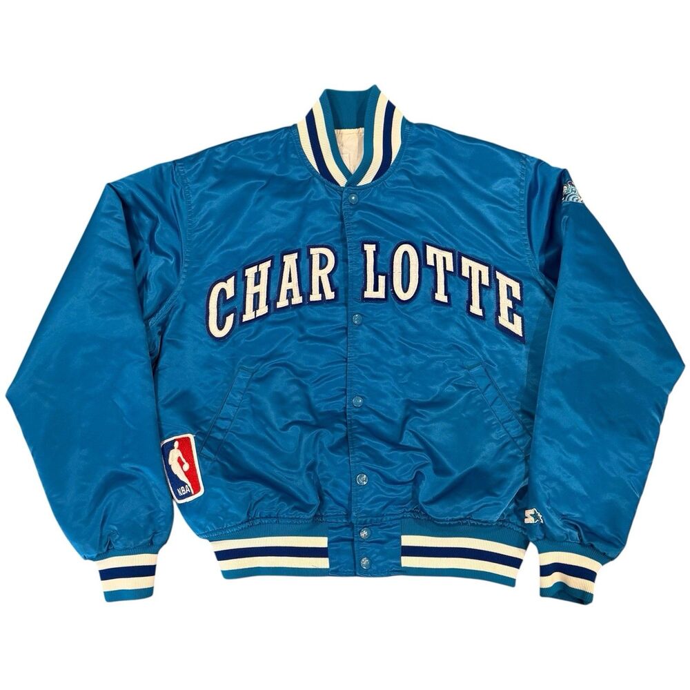 Vintage 80s Starter Charlotte Hornets Satin Jacket Size L Teal Blue USA Made NBA